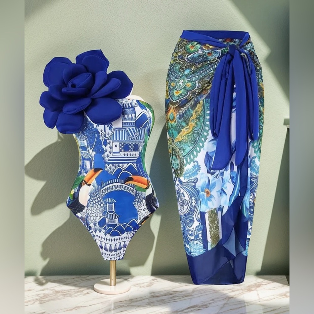 🌿NWT 1  piece swimsuit w/ coverup, 3D flower, off shoulder, slim control, Sz lg